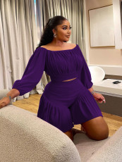 SC Plus Size Pleated One Shoulder Two Piece Short Set NNWF-8067