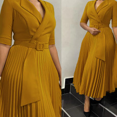 SC Plus Size Blazer Neck Solid Color Pleated Midi Derss GMLF-3291