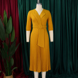 SC Plus Size Blazer Neck Solid Color Pleated Midi Derss GMLF-3291