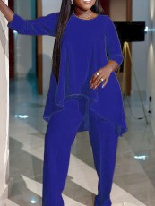 SC Plus Size Solid Color Irregular Tops Pants Suit GAWE-TB5821