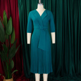 SC Plus Size Blazer Neck Solid Color Pleated Midi Derss GMLF-3291