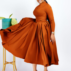 SC Solid Color Long Sleeve Pleated Maxi Dress GMLF-3252
