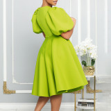 SC Plus Size Puff Sleeve A-Line Midi Dress GMLF-3178