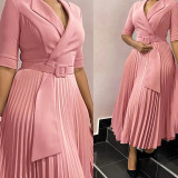 SC Plus Size Blazer Neck Solid Color Pleated Midi Derss GMLF-3291