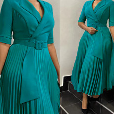 SC Plus Size Blazer Neck Solid Color Pleated Midi Derss GMLF-3291
