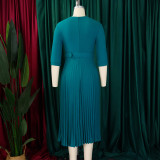 SC Plus Size Blazer Neck Solid Color Pleated Midi Derss GMLF-3291