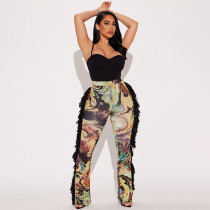 SC Colorful Print Tassel Fur Patchwork Pants MXBF-J25PT288