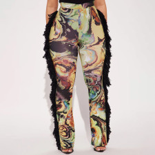 SC Colorful Print Tassel Fur Patchwork Pants MXBF-J25PT288