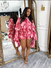 SC Print Long Sleeve Ruffles Two Piece Shorts Set MDF-L5553