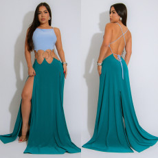 SC Contrast Color Patchwork Tie Up Maxi Dress GZIY-6188