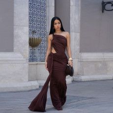 SC Single Shoulder Backless Pleated Maxi Dress GZIY-6238