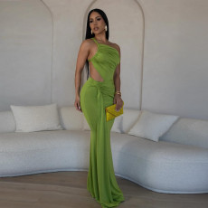 SC Solid Color Single Shoulder Pleated Maxi Dress GZIY-ZY6238