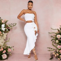 SC Solid Color Wrap Chest Tops Ruffles Skirt Suit GZIY-6230