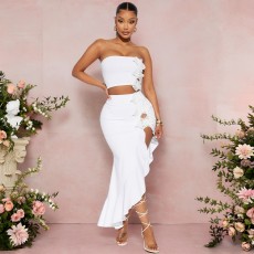 SC Solid Color Wrap Chest Tops Ruffles Skirt Suit GZIY-6230