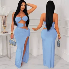 SC Hollow Out Patchwork High Split Maxi Dress GZIY-6200