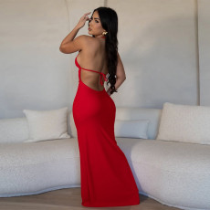 SC Deep V Neck Backless Tie Up Maxi Dress GZIY-6106