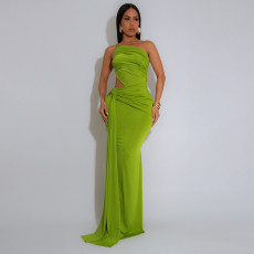 SC Solid Color Single Shoulder Pleated Maxi Dress GZIY-ZY6238