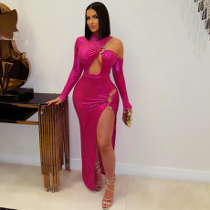 SC Irregular Hollow Out Solid High Split Maxi Dress GZIY-6161