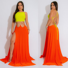 SC Contrast Color Patchwork Tie Up Maxi Dress GZIY-6188