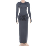 SC Solid Color Pleated Long Sleeve Maxi Dress GZJQ-K25D81552