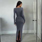 SC Solid Color Pleated Long Sleeve Maxi Dress GZJQ-K25D81552