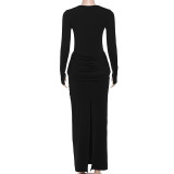 SC Solid Color Pleated Long Sleeve Maxi Dress GZJQ-K25D81552