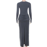 SC Solid Color Pleated Long Sleeve Maxi Dress GZJQ-K25D81552