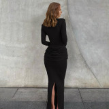 SC Solid Color Pleated Long Sleeve Maxi Dress GZJQ-K25D81552