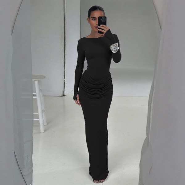 SC Solid Color Pleated Long Sleeve Maxi Dress GZJQ-K25D81552
