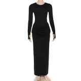 SC Solid Color Pleated Long Sleeve Maxi Dress GZJQ-K25D81552