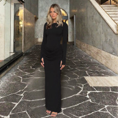 SC Solid Color Pleated Long Sleeve Maxi Dress GZJQ-K25D81552