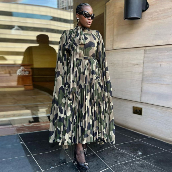 SC Camouflage Print Press Pleated Long Dress YF-20056