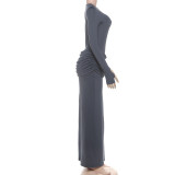 SC Solid Color Pleated Long Sleeve Maxi Dress GZJQ-K25D81552