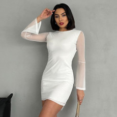 SC Long Sleeve Bow-Tie Patchwork Mesh Mini Dress GAXB-D318DS