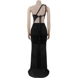 SC Slash Shoulder Mesh Backless Maxi Dress BY-7515