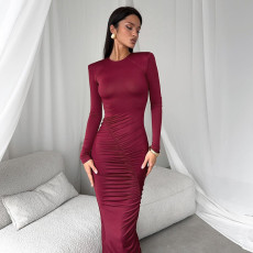SC Long Sleeve O Neck Pleated Maxi Dress GAXB-D313DS