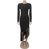 SC Solid Color Tassel Long Dress BY-7533