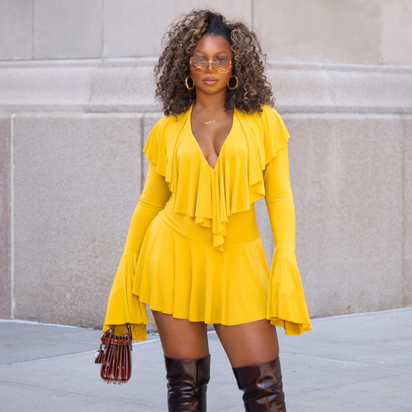 SC Solid Color Deep V Neck Ruffles Mini Dress GSZM-C25DS279
