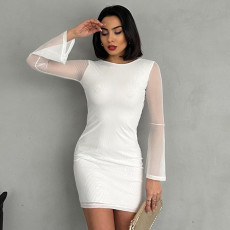 SC Long Sleeve Bow-Tie Patchwork Mesh Mini Dress GAXB-D318DS