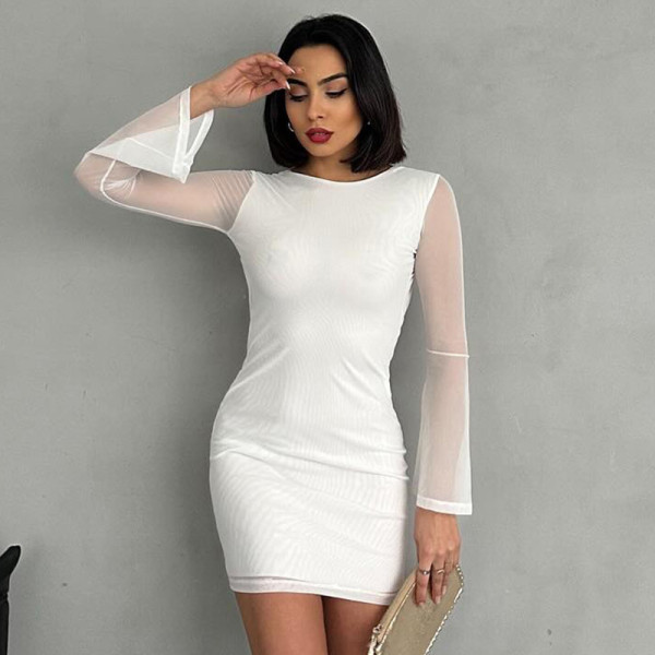 SC Long Sleeve Bow-Tie Patchwork Mesh Mini Dress GAXB-D318DS
