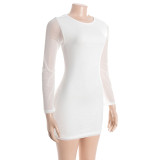 SC Long Sleeve Bow-Tie Patchwork Mesh Mini Dress GAXB-D318DS