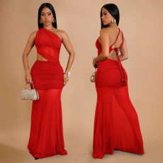 SC Slash Shoulder Mesh Backless Maxi Dress BY-7515