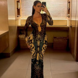 SC Print Patchwork Long Sleeve Split Maxi Dress DLSF-K25D81202
