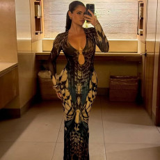 SC Print Patchwork Long Sleeve Split Maxi Dress DLSF-K25D81202