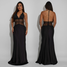 SC Lace V Neck Backless Maxi Dress BY-7546