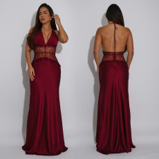SC Lace V Neck Backless Maxi Dress BY-7546
