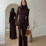 SC Long Sleeve Solid Color Split Maxi Dress GAXB-W414DS