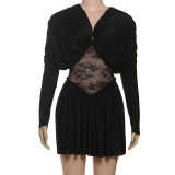 SC Lace Patchwork V Neck Mini Dress XEF-K25D83251