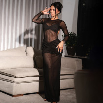 SC Solid Color Mesh Pleated Maxi Dress GSZM-C25DS287
