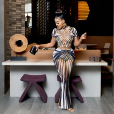 SC Stripe Print Short Sleeve Two Piece Pants Set SHD-9566